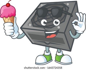 Power supply unit black color mascot cartoon style eating an ice cream
