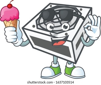 Power supply unit white color mascot cartoon style eating an ice cream