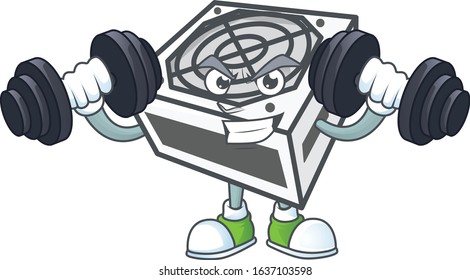 Power supply unit white color mascot icon on fitness exercise trying barbells