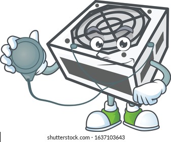 Power supply unit white color mascot icon design as a Doctor working costume with tools