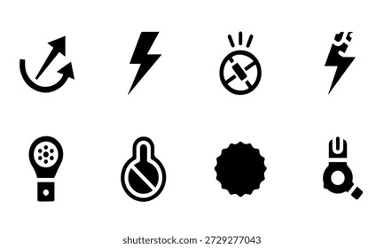 Power surge and electronic components set featuring lightning bolts arrows and industrial sensor parts icons silhouette vector illustration