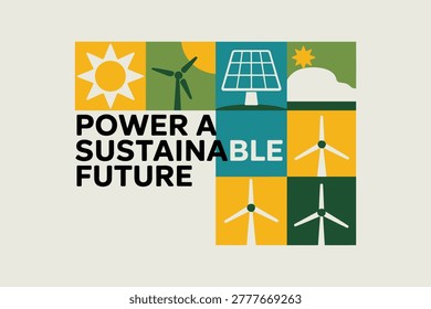 Power A Sustainable Future Sticker Pack, Solar Panel Wind Turbines, Geometric Flat Icons, Printable Design For Advertising, Social Media, Print.