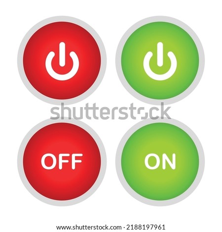 Power switch button with turn on off icons and shut down symbols in round buttons. On and off push button on white background