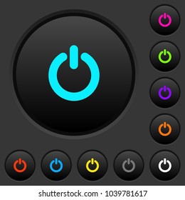 Power switch dark push buttons with vivid color icons on dark grey background