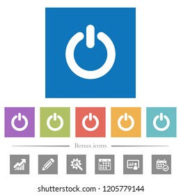 Power switch flat white icons in square backgrounds. 6 bonus icons included.