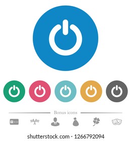 Power switch flat white icons on round color backgrounds. 6 bonus icons included.