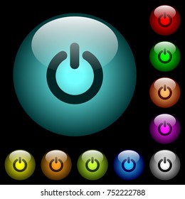 Power switch icons in color illuminated spherical glass buttons on black background. Can be used to black or dark templates