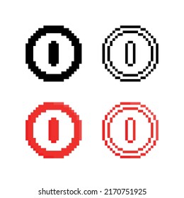 Power, switch on off black vector icons set. Pixel art. 8 bit logo. eps10