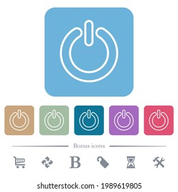 Power switch white flat icons on color rounded square backgrounds. 6 bonus icons included