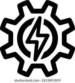 Power symbol inside gear icon. Editable stroke. black and white icon