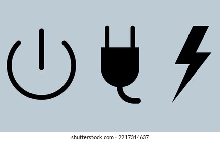 Power symbols,pawer button,cable or plug,lightning bolt symbols on gray background.Vector illustration.