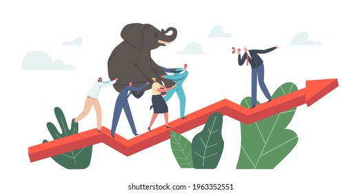 Power Team Characters Climbing at Huge Growing Arrow Graph with Heavy Elephant on Hands. Leader with Loudspeaker Manage Process. Business People Teamwork Challenge Concept. Cartoon Vector Illustration