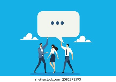 The power of teamwork. Colleagues working together, represented by a large speech bubble, symbolizing collaboration and idea sharing. Communication and teamwork concept.