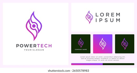 Logotipo de la tecnología del poder con el fuego y la forma del punto