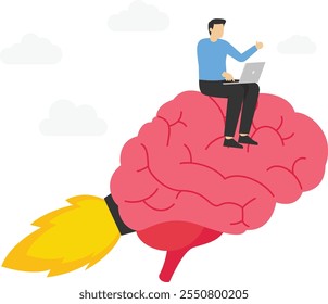 Power of thought. Businessman working, brain rising to the sky with a rocket

