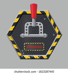 Power toggle. Metal switch, realistic style. Red button concept design. Vintage industrial object. Isolated vector sign.