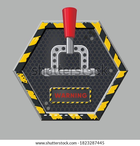 Power toggle. Metal switch, realistic style. Red button concept design. Vintage industrial object. Isolated vector sign.