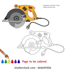 Power tool. Circular saw cartoon. to be colored. Coloring book to educate kids. Learn colors. Visual educational game. Easy kid gaming and primary education. Simple level of difficulty. Coloring page.