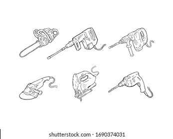 Power tool and constructing machines set, hand drawn outline illustration. Industrial electrical manual equipment colored graphic with letters toolbox. Work electric and fuel machinery collection