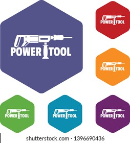 Power tool drill icons vector colorful hexahedron set collection isolated on white 