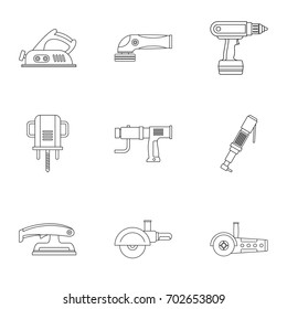 Power tool icon set. Outline set of 9 power tool vector icons for web isolated on white background
