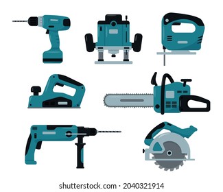 Power tool icons isolated on white background. Electric equipment or devices for construction, building, carpentry and repair work. Drills, saws, planer, milling router Vector illustration.