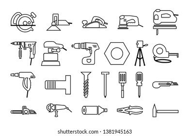 power tool icons set. vector black and white illustration