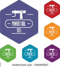 Power tool icons vector colorful hexahedron set collection isolated on white 