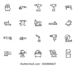 Power tool line icons set. linear style symbols collection, outline signs pack. Electric tool vector graphics. Set includes icons as drill press, screwdriver, woodworking sander, carpentry saw machine