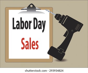 Power tool, screwdriver, with Labor Day sales text on clipboard brownish background. Vector illustration format. 