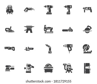 Power tool vector icons set, modern solid symbol collection,  filled style pictogram pack. Signs, logo illustration. Set includes icons as drill press, screwdriver, woodworking sander, carpentry saw