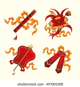 Power tools (as signs of propitious and longevity) of Eight Immortals in Chinese mythology: flute, lotus, fan, castanets. They are common symbols representing longevity and luckiness.