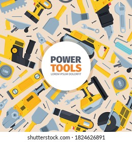 Power tools background. Yellow reversible screwdriver modern grinder black metal disk powerful cordless jigsaw construction and repair work professional hardware equipment. Vector pattern.