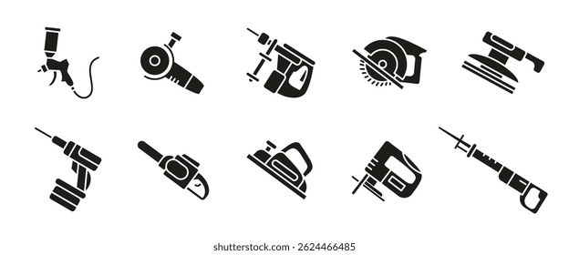 Power tools black icon set. Construction and repair glyph vector illustration. Electric and pneumatic equipment symbols for carpentry, building, industrial work and handyman toolkits.