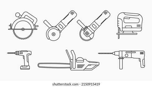 power tools circular chainsaw screwdriver drill line icons set vector flat illustration