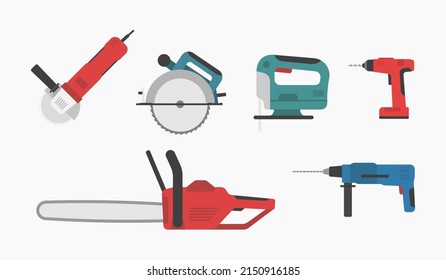 power tools circular chainsaw screwdriver drill shape color icons set vector flat illustration