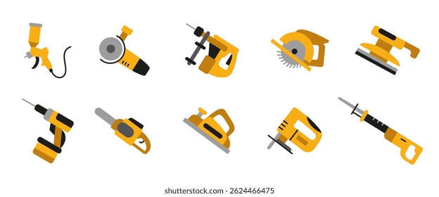 Power tools colored icon set. Construction and repair realistic vector illustration. Electric and pneumatic equipment symbols for carpentry, building, industrial work and handyman toolkits.