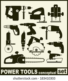 Power Tools - conceptual set of isolated vector icons on white background.