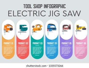 Power Tools for Construction Materials Cutting Flat Vector Web Banner Professional Models of Electric Jig Saws Illustration. Construction industry Electric Equipment, Manual instruments Store Poster
