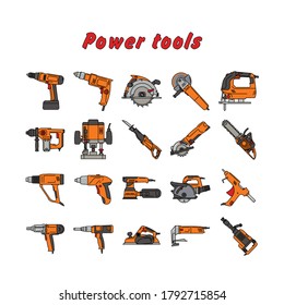 Power tools: drills, perforators, disk-saws, grinding machines, hammers, planes, and milling cutters in vector
