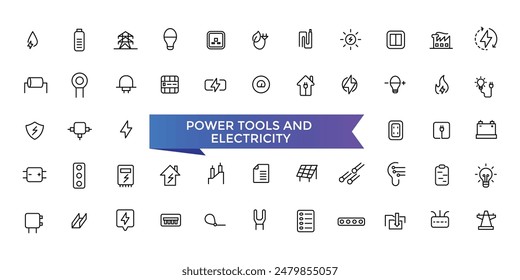 Power Tools And Equipment Icon set with editable stroke collection for web and ui. Line icons pack. Vector illustration.