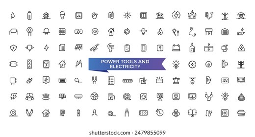Power Tools And Equipment Icon set with editable stroke collection for web and ui. Line icons pack. Vector illustration.