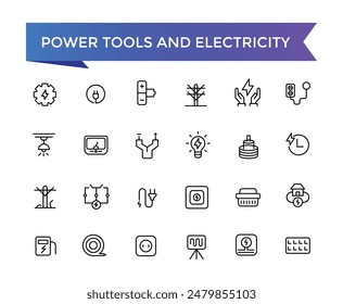 Power Tools And Equipment Icon set with editable stroke collection for web and ui. Line icons pack. Vector illustration.