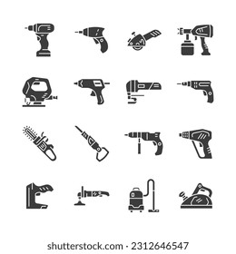 Power tools glyph icon set. Vector collection electric instrument with drill, jigsaw, stapler, planer, screwdriver, saw. 