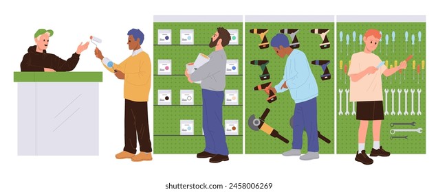 Power tools and hand instruments shop store with people customers and salesman at counter desk