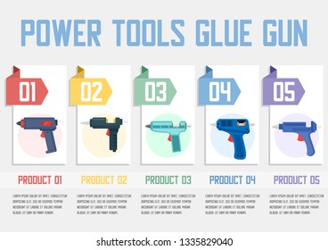 Power Tools for Hobby Modeling or Craft Works Flat Vector Web Banner with Different Models of Glue Guns Illustration. Industrial Production, Repair Service Electric Equipment Spare Parts Store Poster