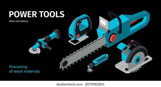 Power tools horizontal banner demonstrated instrument working from mains and with battery isometric vector illustration