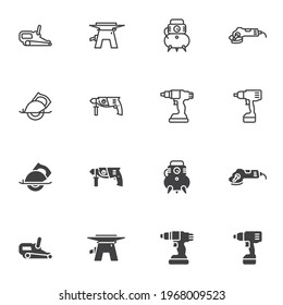 Power Tools Icon Set, Electric Tools Linie und glyph Version, Umriss und gefülltes Vektorzeichen. lineares und vollständiges Piktogramm. Symbol-Logo-Abbildung. Set enthält Symbole wie Elektro-Schraubendreher, Kompressor