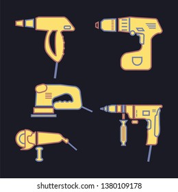 power tools icons set. color silhouette vector illustration on dark blue background.