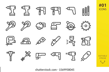 Power tools icons set. Set of cordless screwdriver, circular saw, electric planer, power drill, impact wrench driver, electric airbrush spray gun, angle grinder outline icons